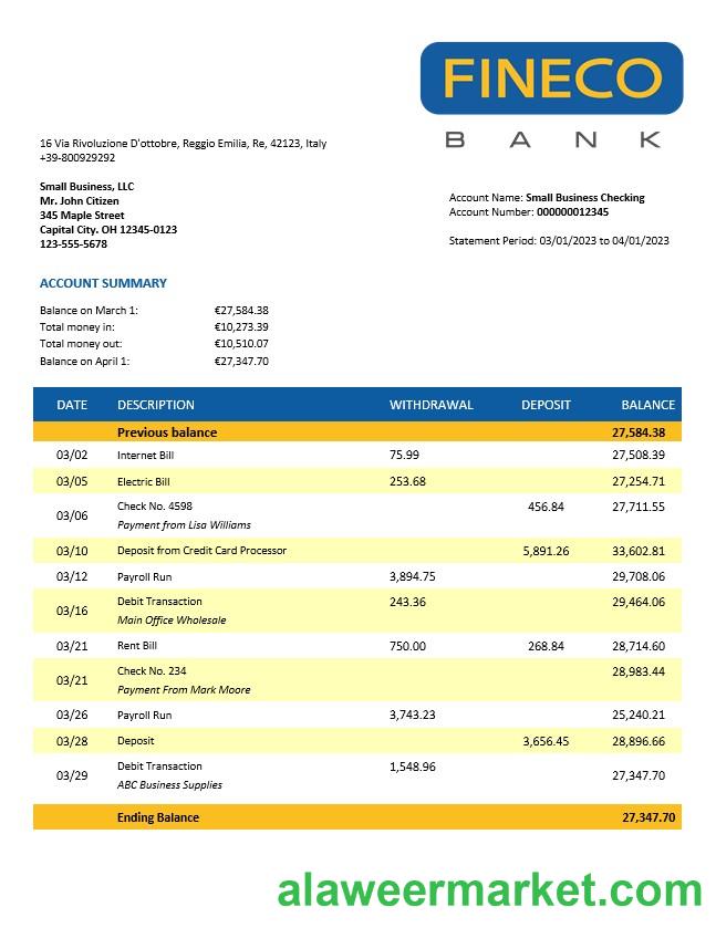 Finecobank company account statement Word and PDF template
